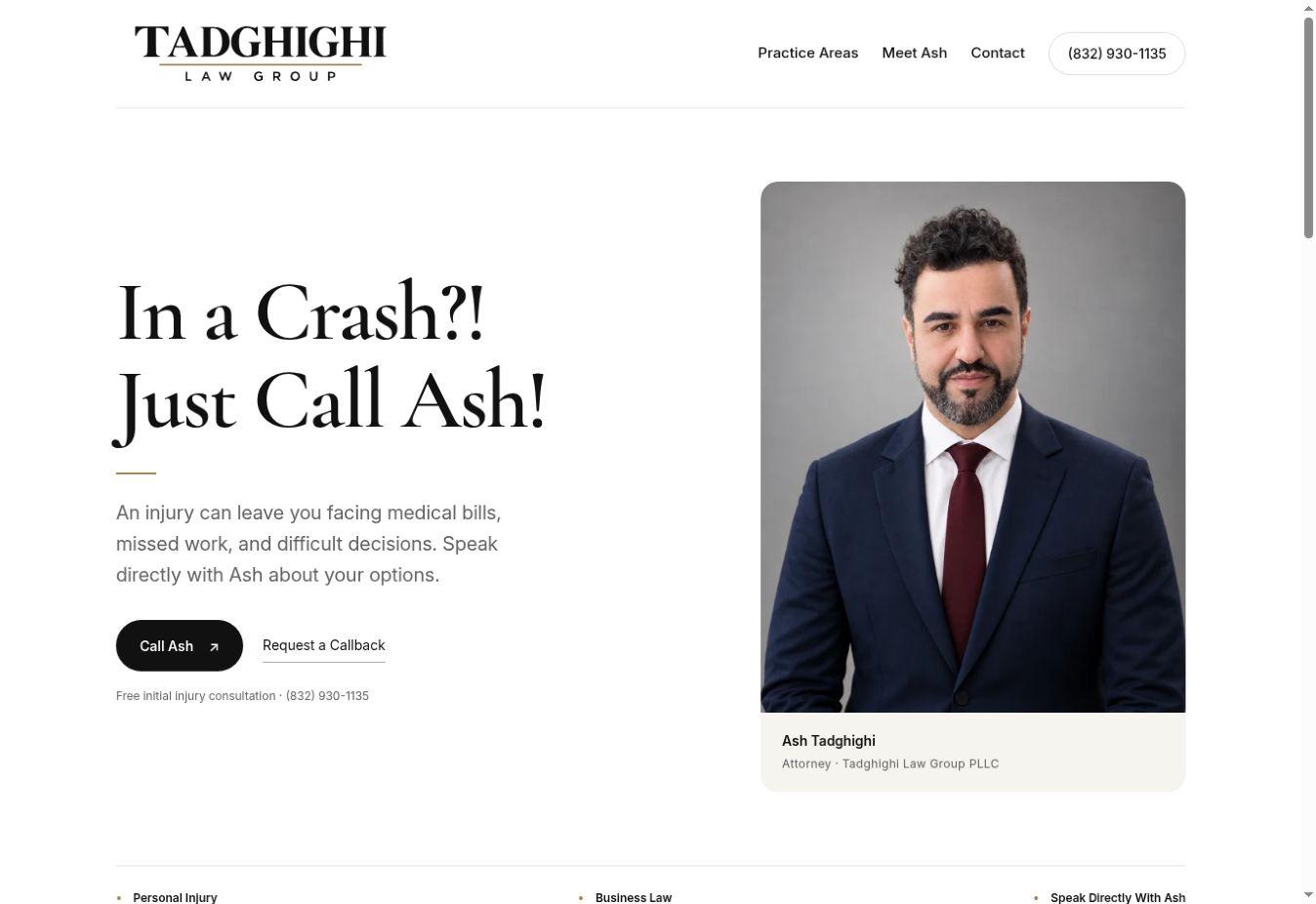 Tadghighi Law Group website showing its attorney, message, and consultation actions